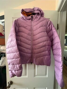 Hoka Lavender Puff Jacket with Orange Lining